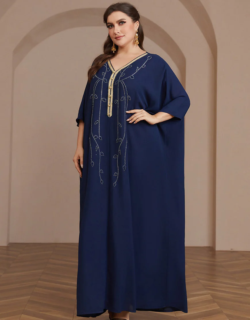Robe caftan Abaya à manches longues et perles bleu marine – Image 6