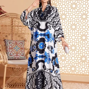 Robe Kaftan Abaya Vintage Imprimée Élégante à Manches Longues