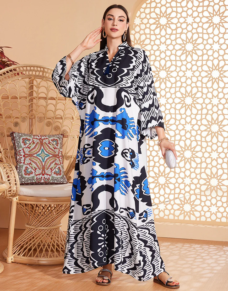 Robe Kaftan Abaya Vintage Imprimée Élégante à Manches Longues – Image 2