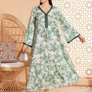 Caftan marocain Abaya en mousseline de soie florale verte