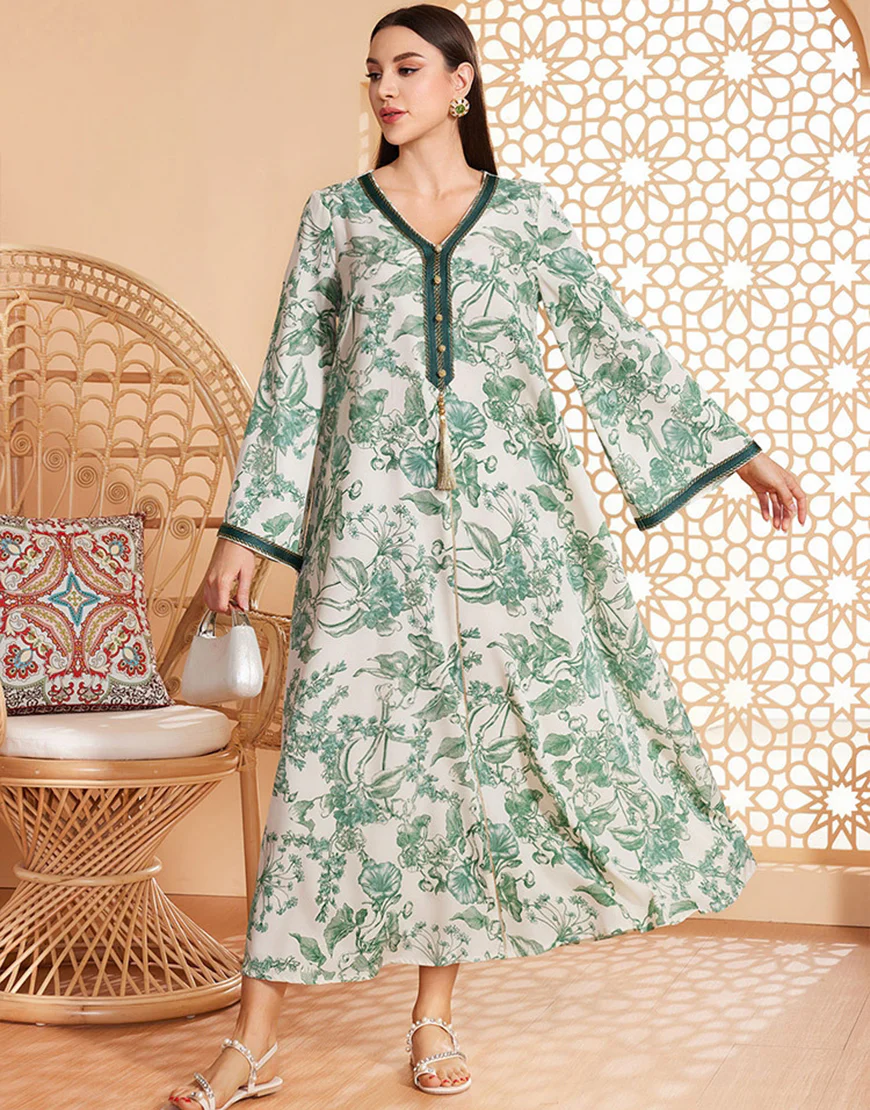 Caftan marocain Abaya en mousseline de soie florale verte – Image 2