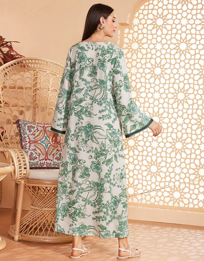 Caftan marocain Abaya en mousseline de soie florale verte – Image 3