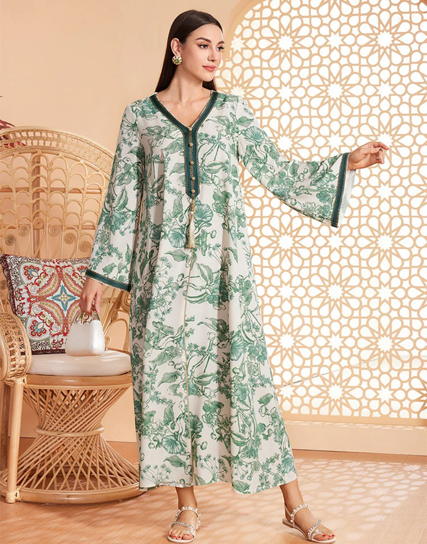 Caftan marocain Abaya en mousseline de soie florale verte – Image 4