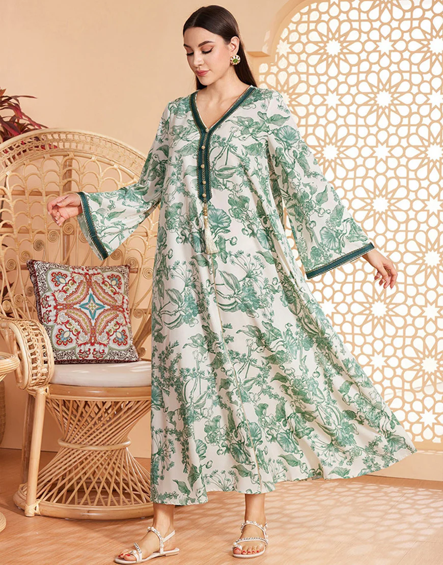 Caftan marocain Abaya en mousseline de soie florale verte – Image 5