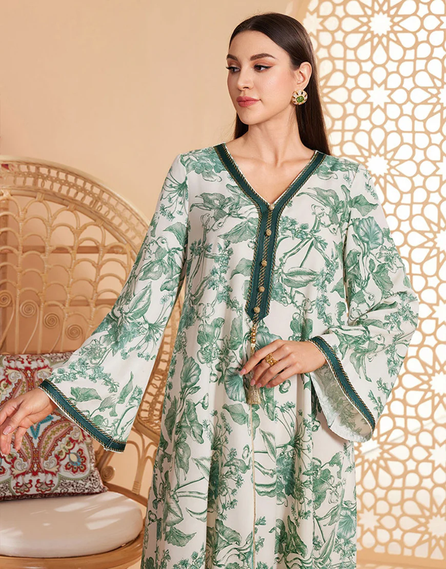 Caftan marocain Abaya en mousseline de soie florale verte – Image 6