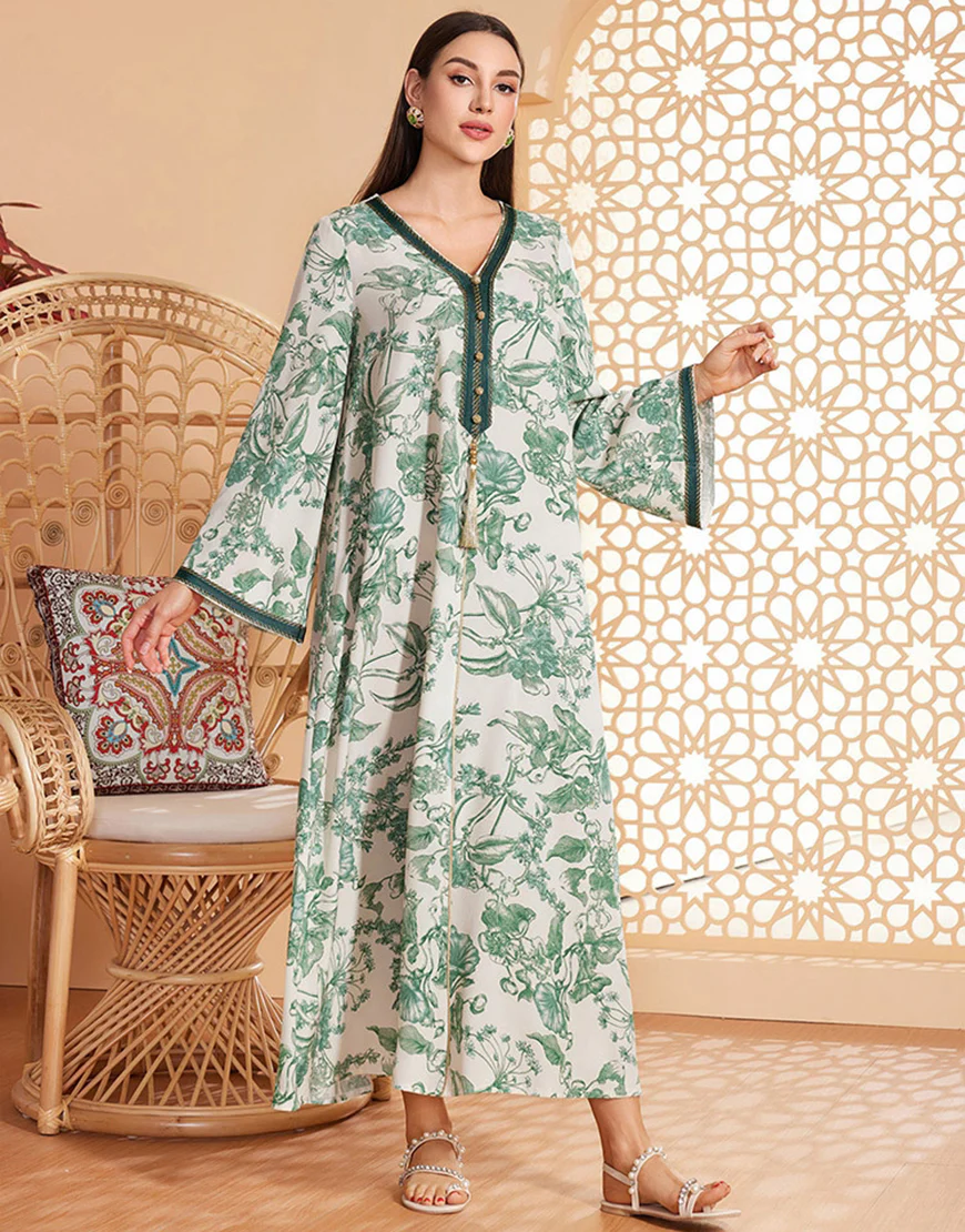 Caftan marocain Abaya en mousseline de soie florale verte – Image 7