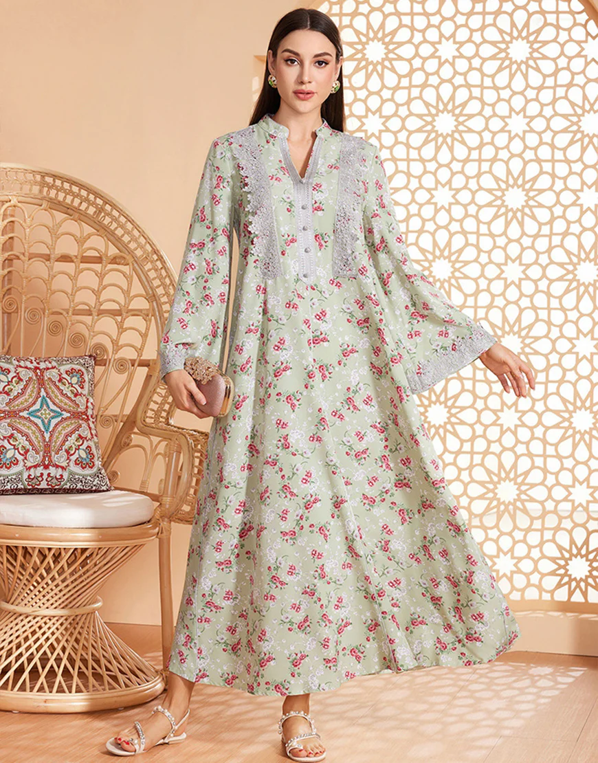 Caftan marocain Abaya en mousseline de soie florale gris vert – Image 2