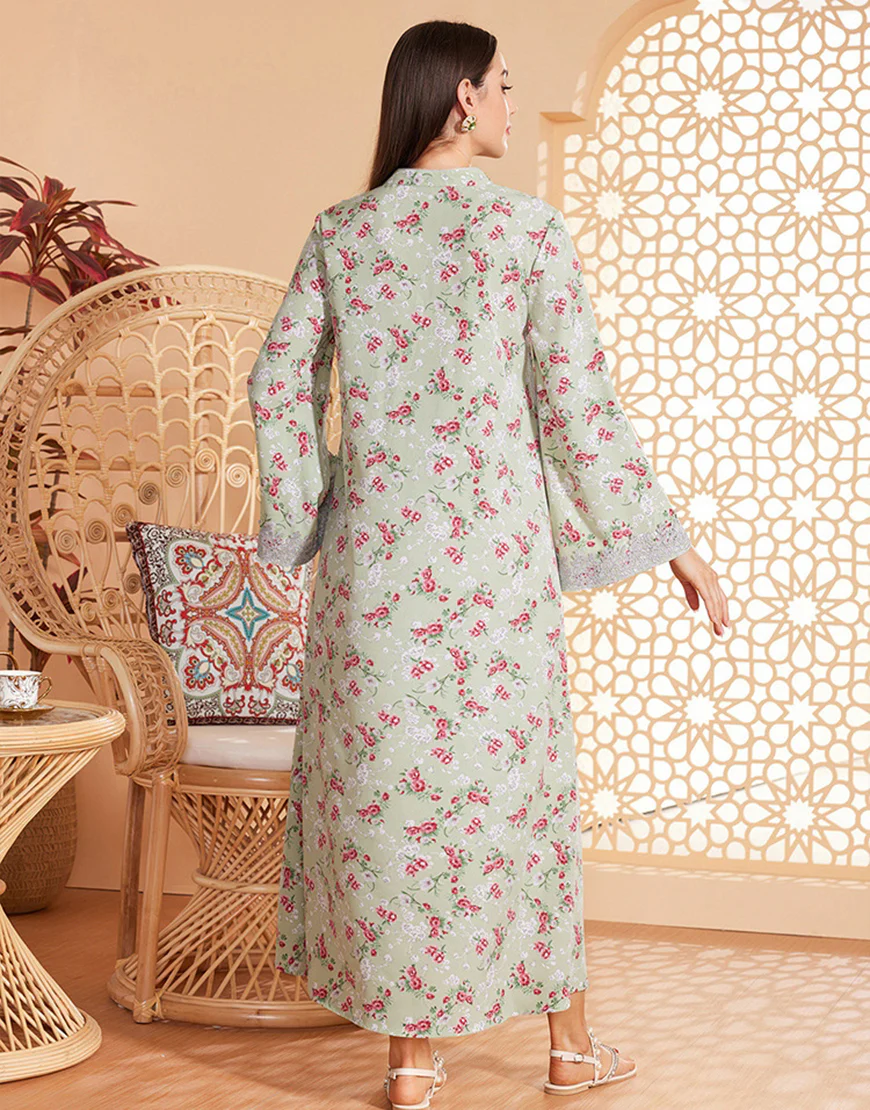 Caftan marocain Abaya en mousseline de soie florale gris vert – Image 3