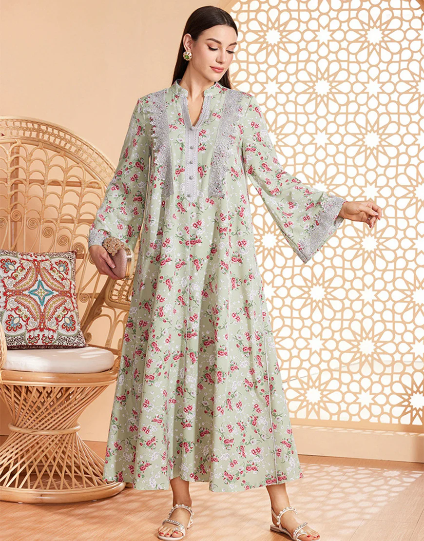 Caftan marocain Abaya en mousseline de soie florale gris vert – Image 4