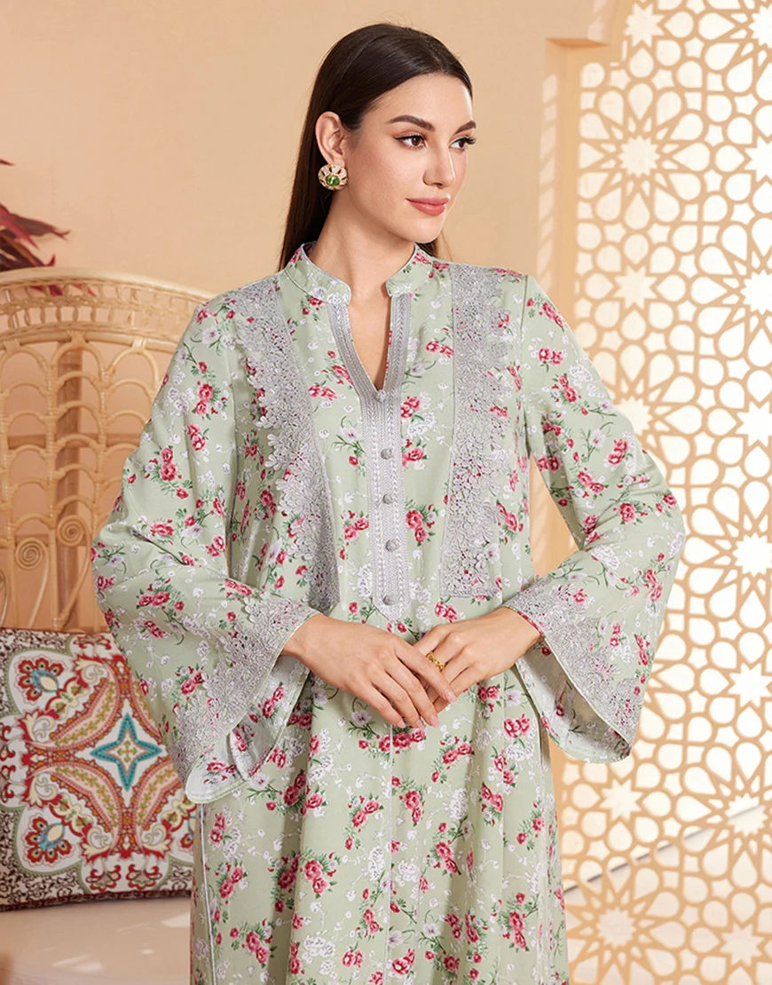 Caftan marocain Abaya en mousseline de soie florale gris vert – Image 5