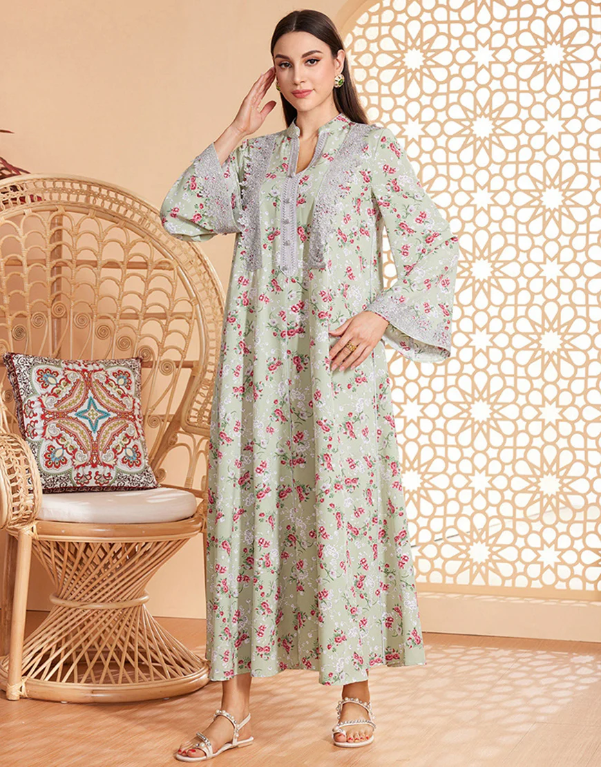 Caftan marocain Abaya en mousseline de soie florale gris vert – Image 6