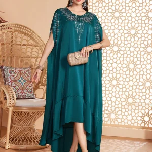 Caftan marocain Abaya perlé vert foncé sans manches