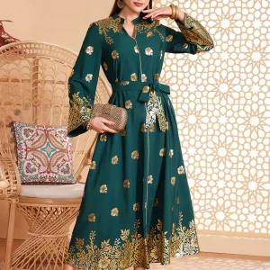 Caftan marocain Abaya à col en V perlé vert foncé