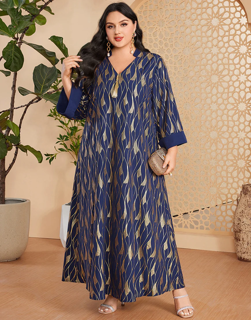 Caftan marocain Abaya à manches longues et col en V bleu royal – Image 2