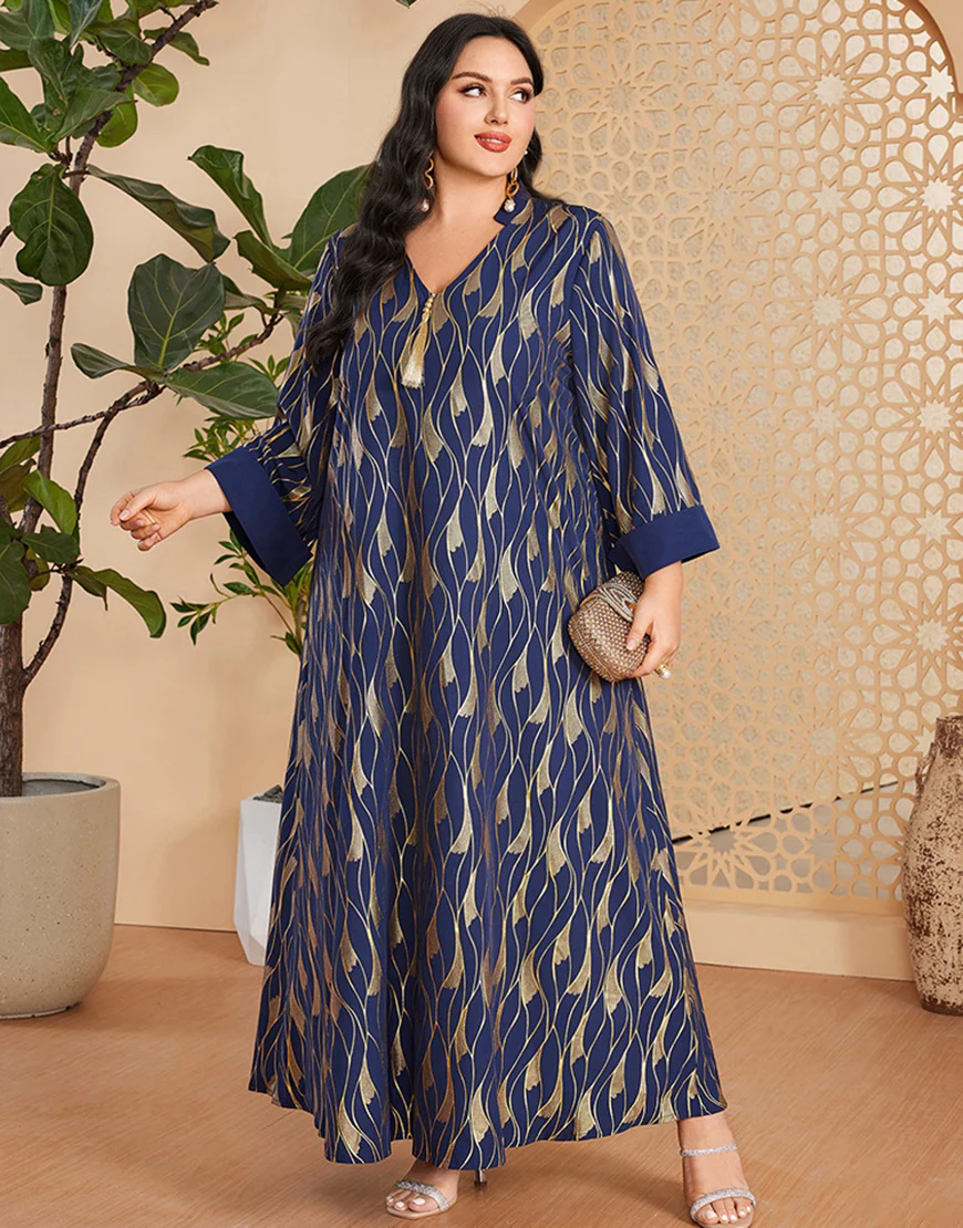 Caftan marocain Abaya à manches longues et col en V bleu royal – Image 5