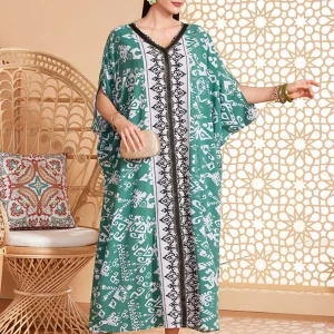 Robe caftan marocaine Abaya d'été florale verte