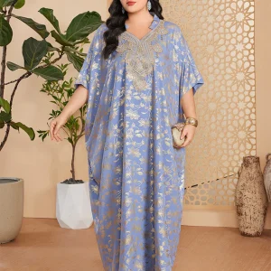 Robe caftan marocaine Abaya grande taille imprimée bleu gris
