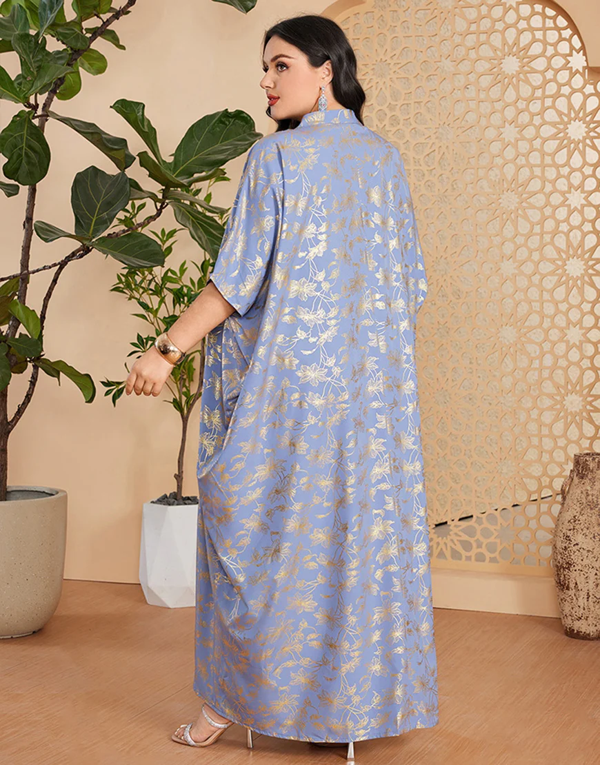 Robe caftan marocaine Abaya grande taille imprimée bleu gris – Image 3