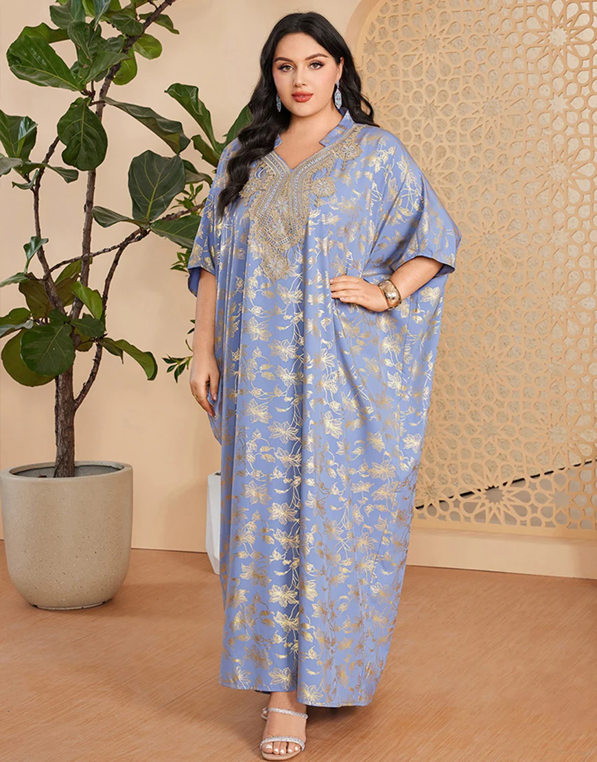 Robe caftan marocaine Abaya grande taille imprimée bleu gris – Image 4