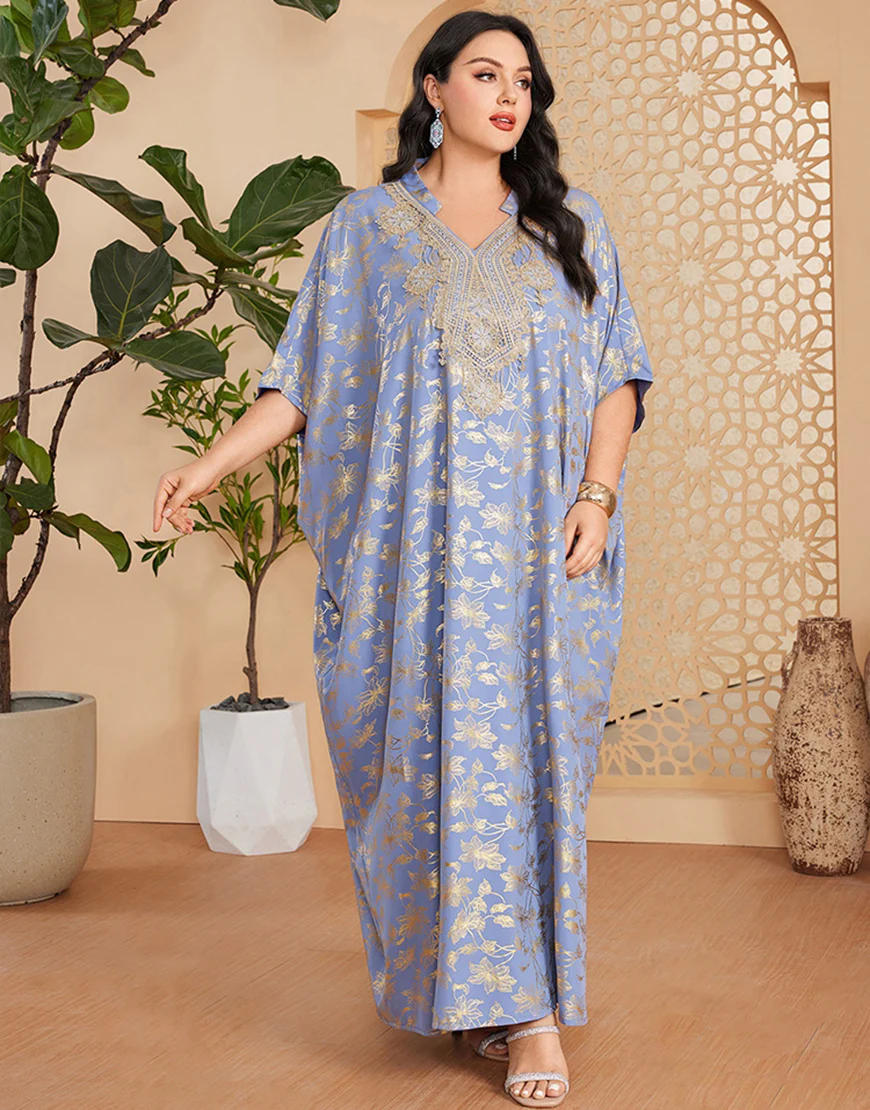 Robe caftan marocaine Abaya grande taille imprimée bleu gris – Image 5