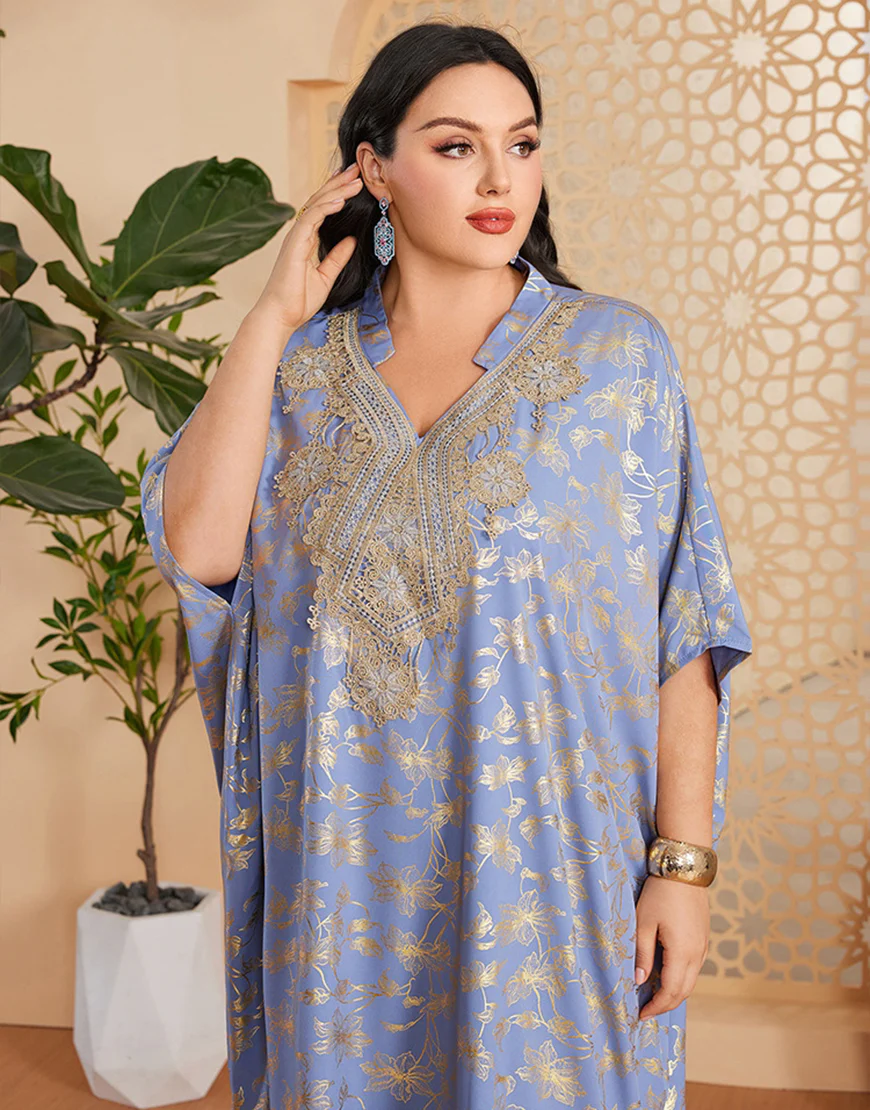 Robe caftan marocaine Abaya grande taille imprimée bleu gris – Image 6