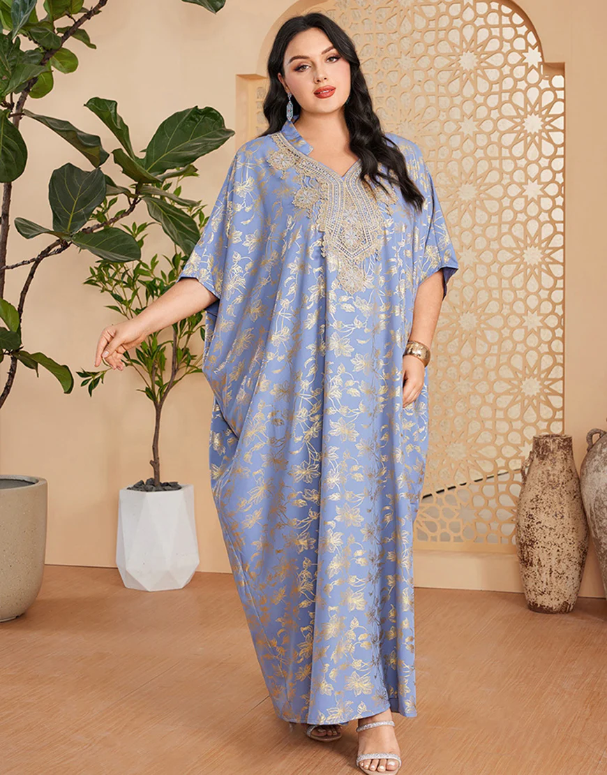 Robe caftan marocaine Abaya grande taille imprimée bleu gris – Image 7
