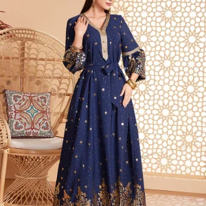 Robe caftan Abaya à manches longues et perles bleu foncé avec ceinture