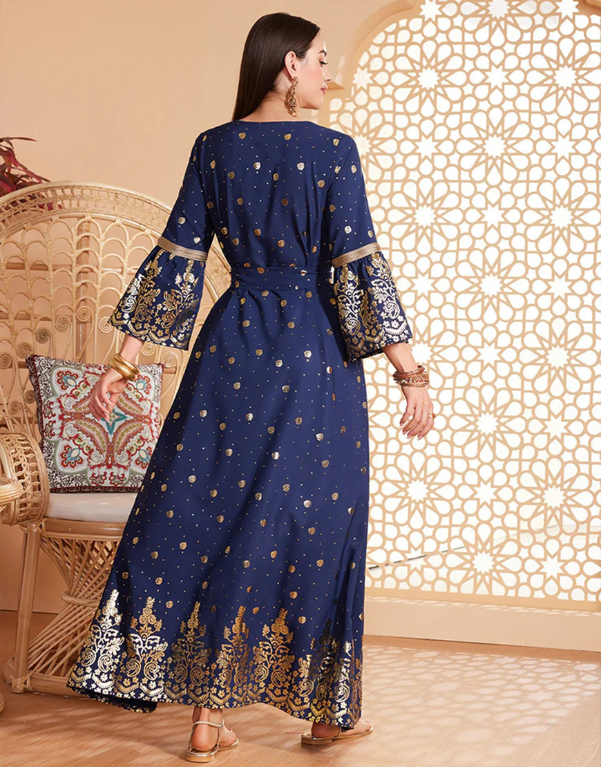 Robe caftan Abaya à manches longues et perles bleu foncé avec ceinture – Image 3