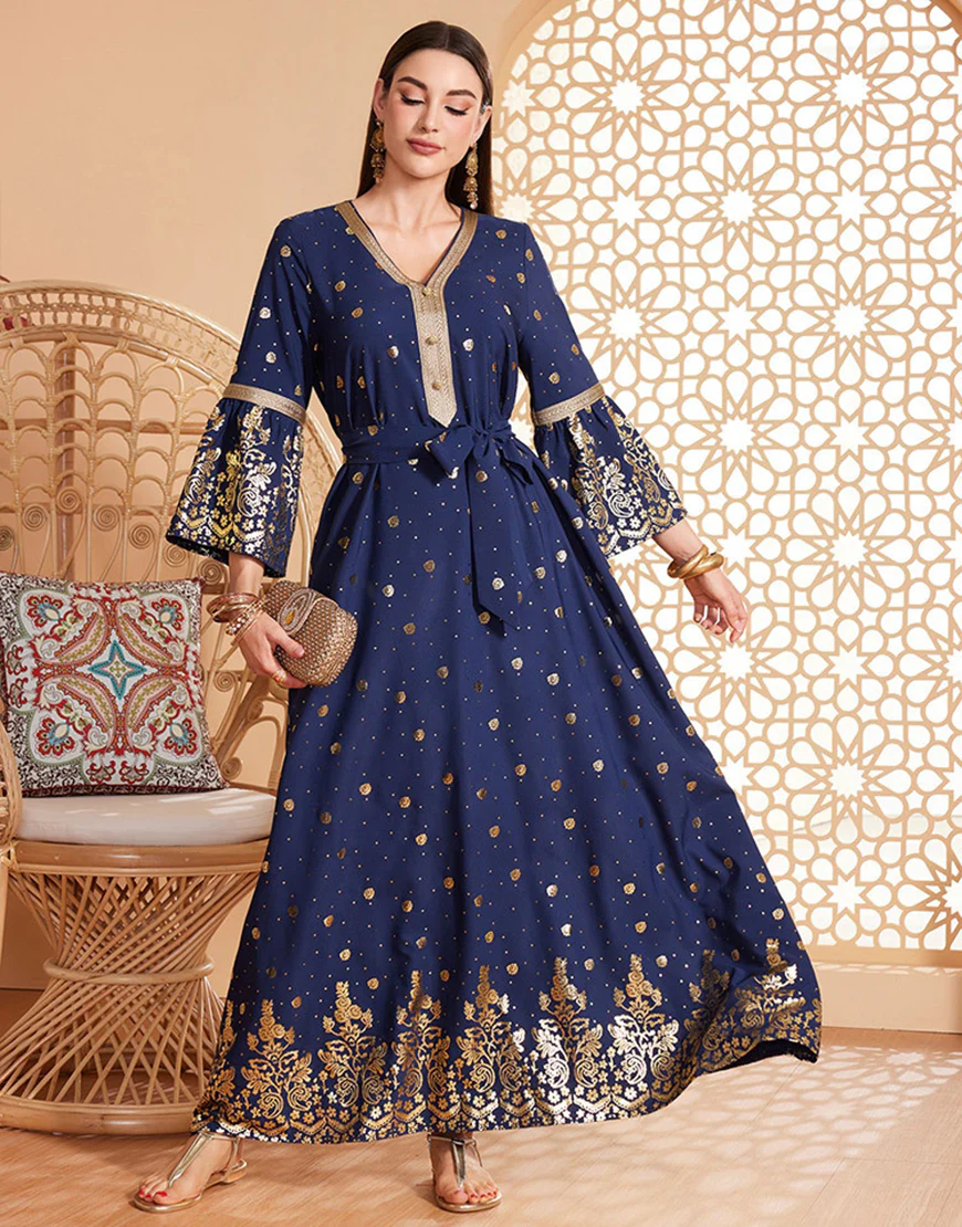 Robe caftan Abaya à manches longues et perles bleu foncé avec ceinture – Image 4