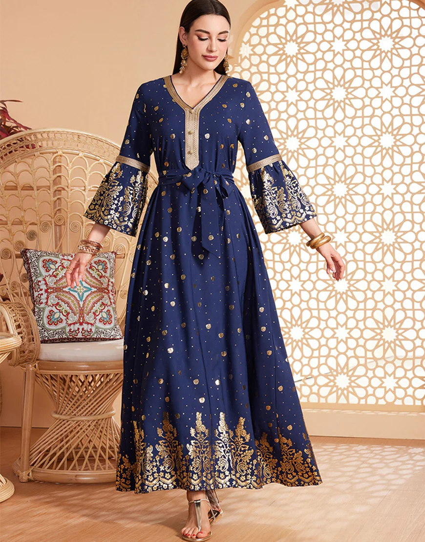 Robe caftan Abaya à manches longues et perles bleu foncé avec ceinture – Image 5