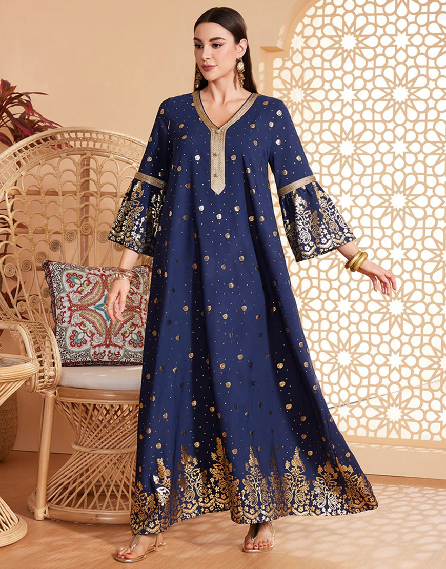 Robe caftan Abaya à manches longues et perles bleu foncé avec ceinture – Image 6