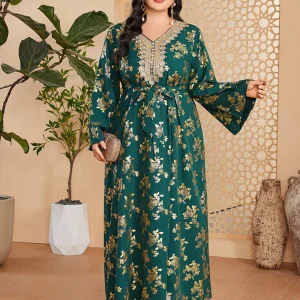 Caftan marocain Abaya grande taille vert foncé avec ceinture