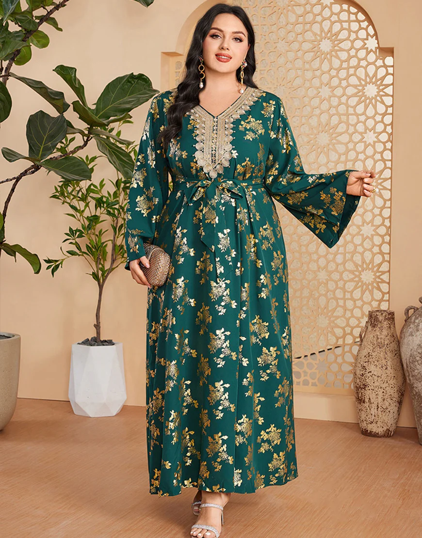 Caftan marocain Abaya grande taille vert foncé avec ceinture – Image 2