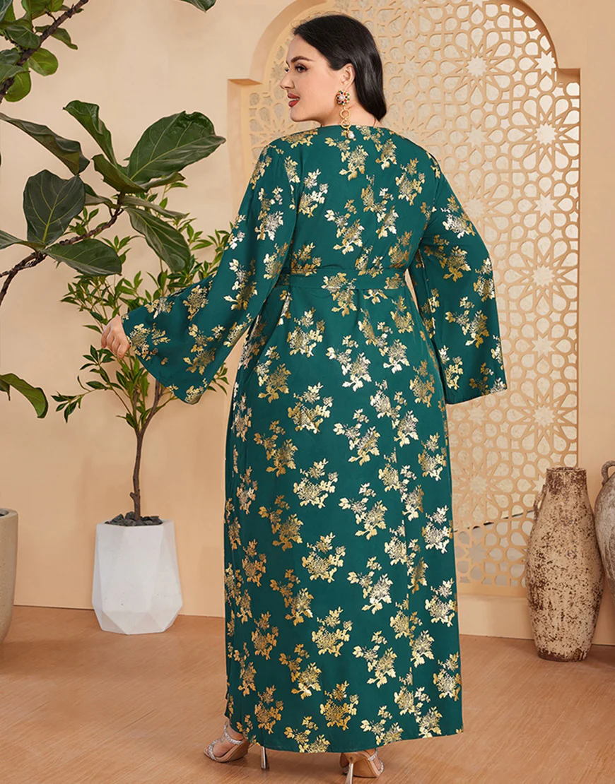 Caftan marocain Abaya grande taille vert foncé avec ceinture – Image 3