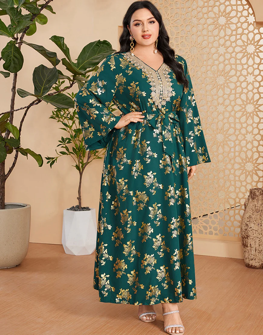 Caftan marocain Abaya grande taille vert foncé avec ceinture – Image 4
