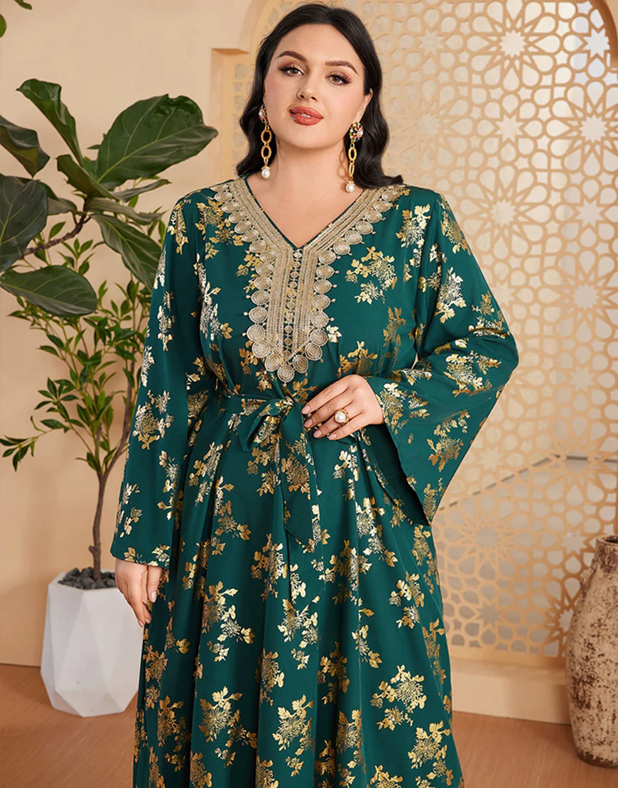 Caftan marocain Abaya grande taille vert foncé avec ceinture – Image 5
