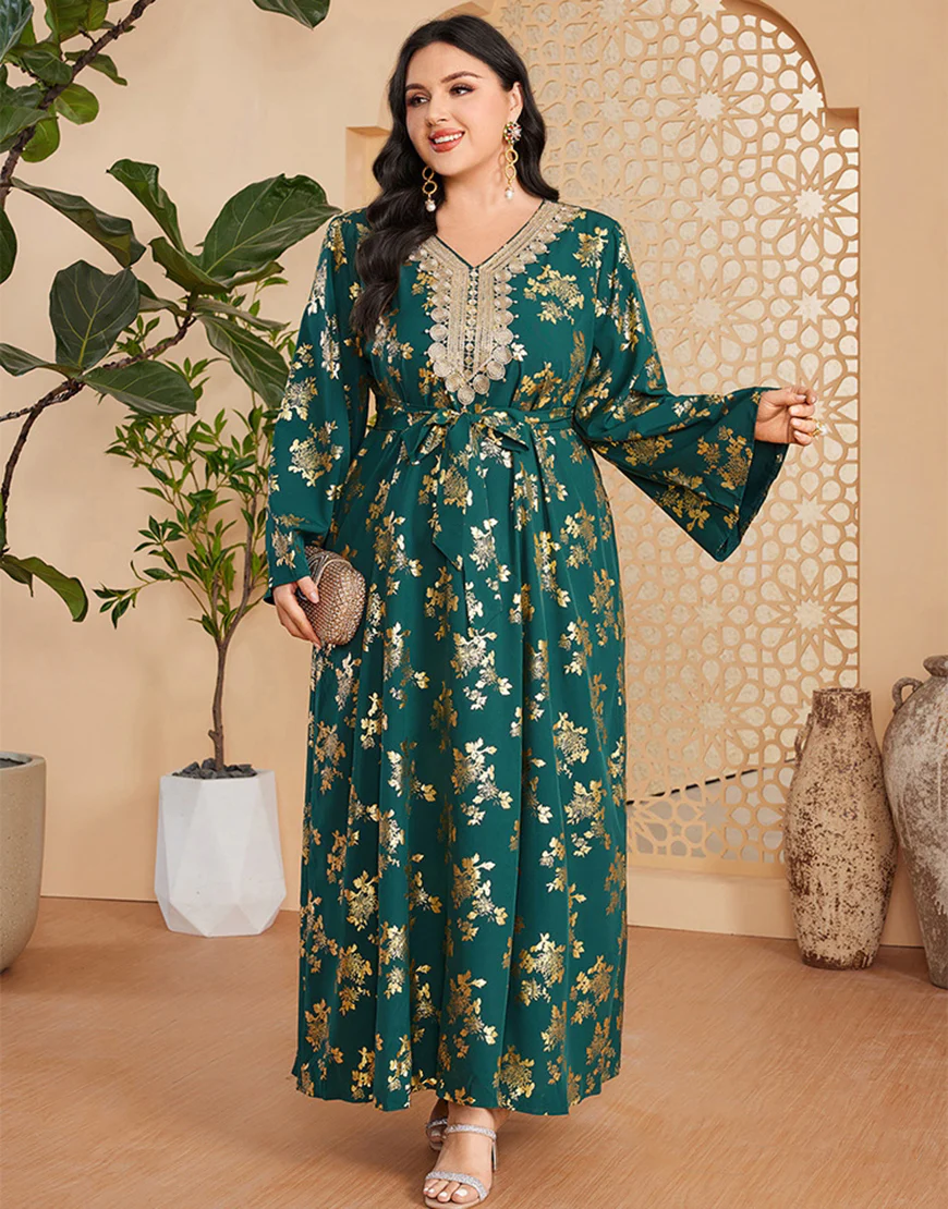Caftan marocain Abaya grande taille vert foncé avec ceinture – Image 6