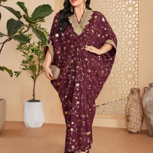Robe d'été caftan longue imprimée bordeaux