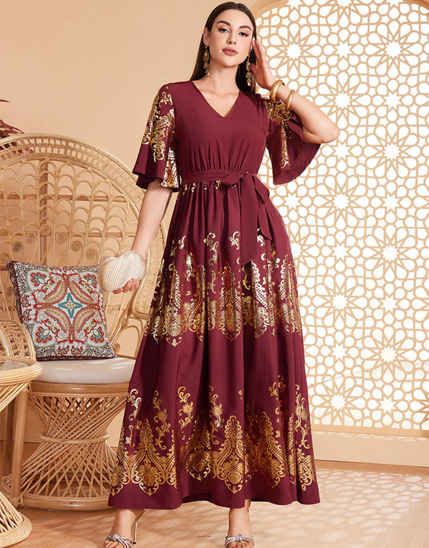 Robe caftan marocaine rouge foncé à manches chauve-souris – Image 2