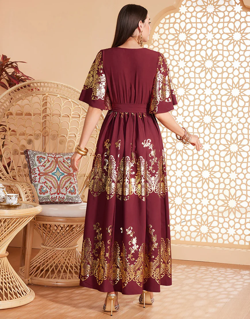 Robe caftan marocaine rouge foncé à manches chauve-souris – Image 3