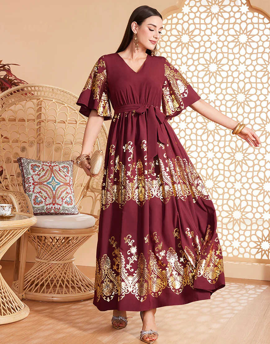 Robe caftan marocaine rouge foncé à manches chauve-souris – Image 4