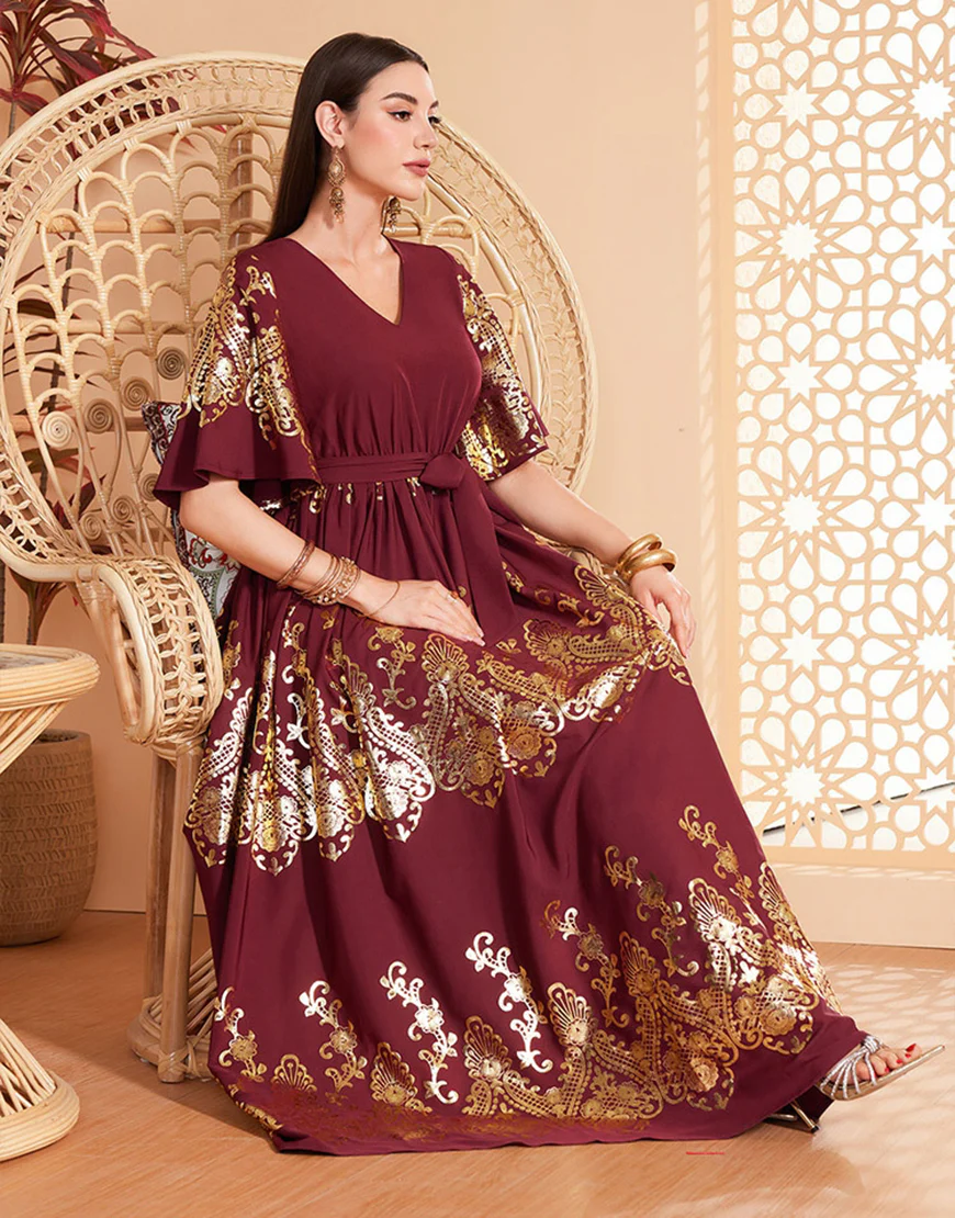 Robe caftan marocaine rouge foncé à manches chauve-souris – Image 5