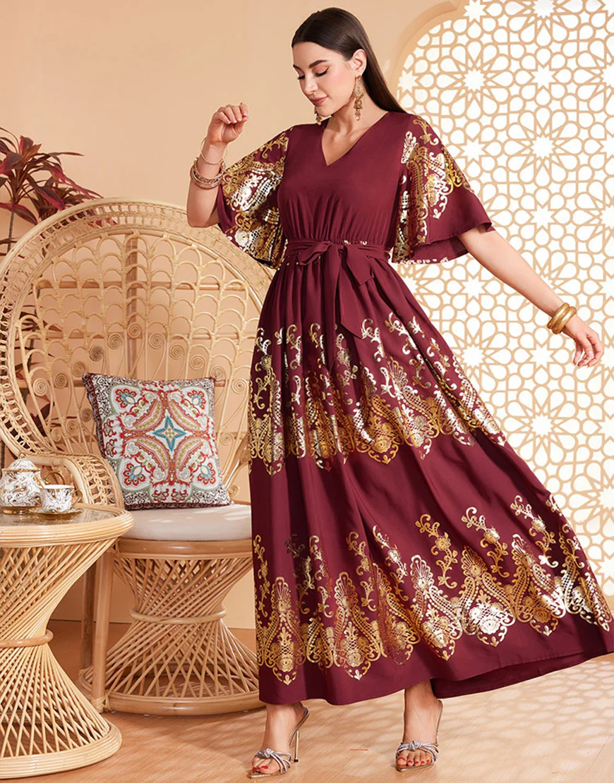 Robe caftan marocaine rouge foncé à manches chauve-souris – Image 6