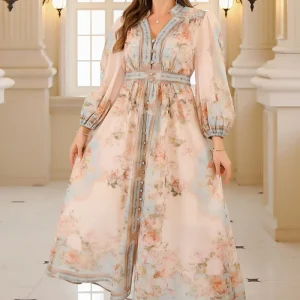 Robe Caftan Abricot Imprimé fleuri élégante