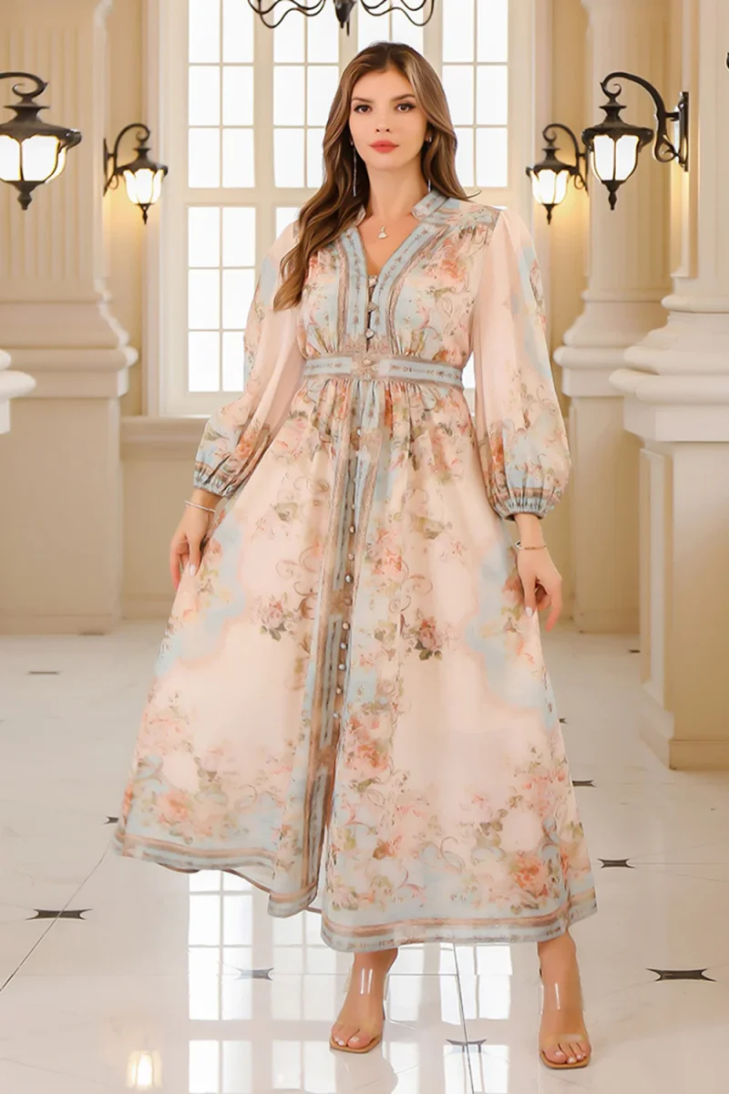 Robe Caftan Abricot Imprimé fleuri élégante – Image 2