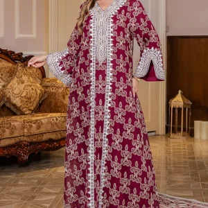 Bourgogne Col en V Broderie Robe Caftan
