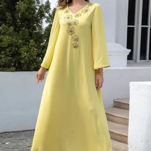 Jaune Col en V Broderie Mousseline de soie Robe Caftan