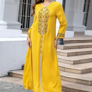 Élégant Jaune Broderie Ligne A Robe Caftan