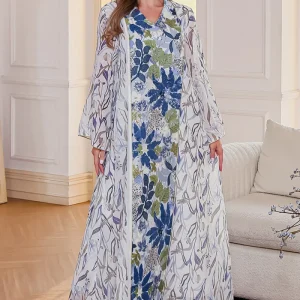 Blanc Bleu Imprimé fleuri Col en V Robe Caftan
