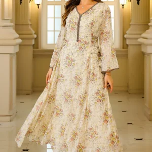 Robe Caftan Col en V Imprimé floral Abricot
